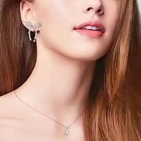 Women's White Earrings Long Tassel Chain Drop Earrings Trendy Small Bow Sparkly - Picture 4 of 6